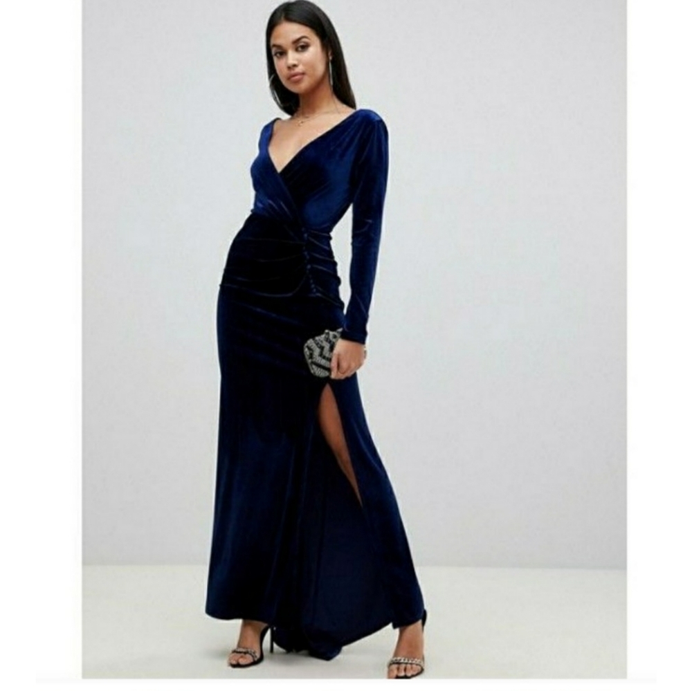 [ASOS] Midnight Blue Velvet Wrap Slit Maxi Dress